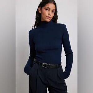 Claire Rose x NA-KD Shoulder Padded Ribbed Mock Neck Sweater Women’s Navy Blue